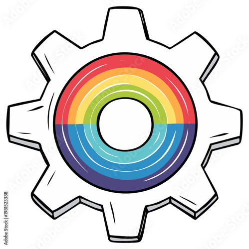 Pride gear wheels rotating with rainbow colors conveying LGBTQ support and technological teamwork in a digital illustration
