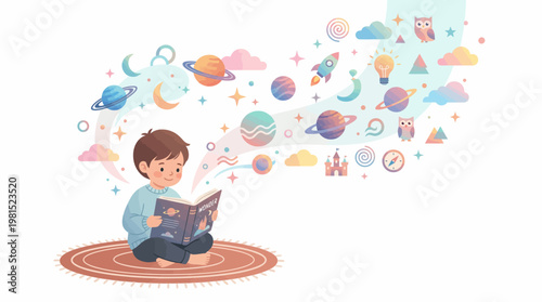 Animated vector illustration depicting a child engrossed in reading a book while sitting cross-legged on a rug, surrounded by whimsical space-themed education images against a clean white