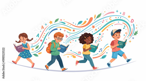 Cheerful children reading books together in a colorful illustration, with decorative swirls and letters floating above, showcasing a vibrant and educational scene against a clean white