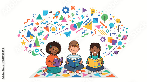 A group of diverse children sitting together on a patterned mat, immersed in reading books with colorful illustrations, set against a clean white background and a vibrant array