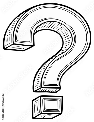 Hand drawn question mark with 3d effect and hatching detail