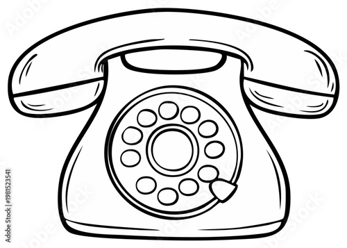 Vintage rotary dial telephone illustration, classic communication device with handset and dialer