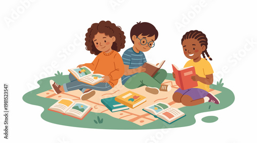 A diverse group of children are reading books together in a colorful vector illustration on a blanket, enjoying education and study, creating a joyful and harmonious scene for World Book