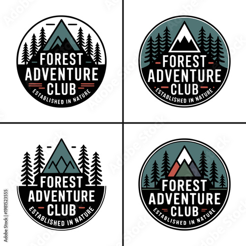 Set of four circular vintage logos featuring mountains and pine trees for a forest adventure club design graphic collection