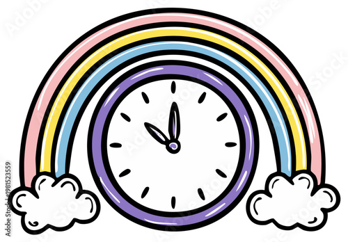 Cartoon clock design with rainbow and clouds, whimsical time concept