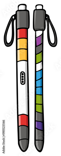 Colorful trekking poles with wrist straps and hand grips for outdoor adventures