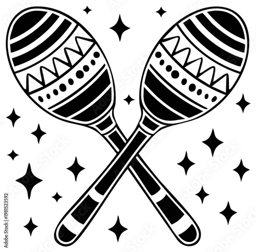 Two maracas musical instruments percussion shakers in black and white