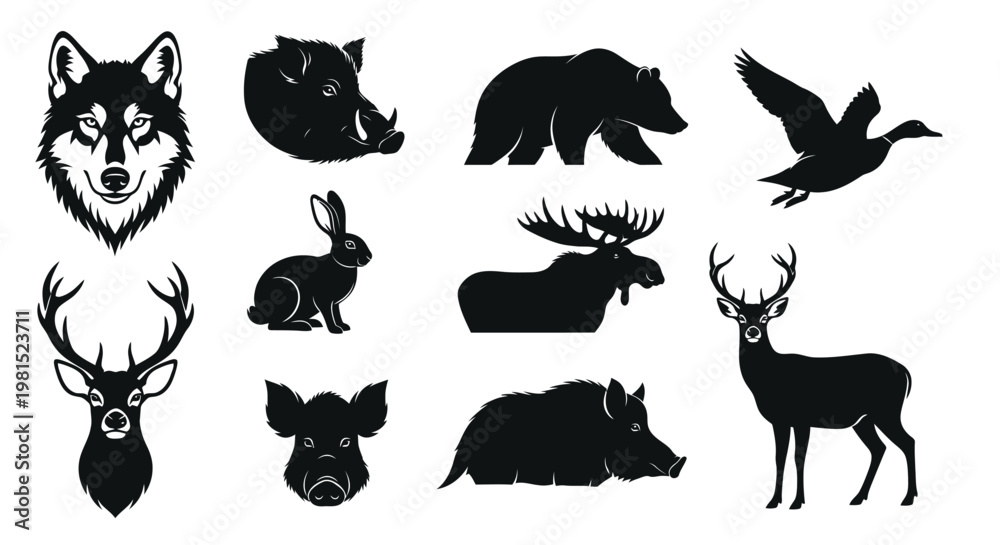 Obraz premium Set of black wildlife animal silhouettes featuring detailed vector illustrations of a wolf head deer moose bear wild boar rabbit and flying bird isolated on white background for creative design projec