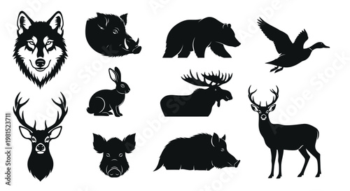 Set of black wildlife animal silhouettes featuring detailed vector illustrations of a wolf head deer moose bear wild boar rabbit and flying bird isolated on white background for creative design projec