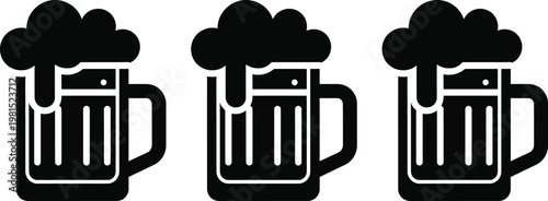 Three black silhouette mugs of beer with frothy foam simple icon set