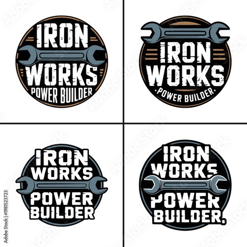 Strong and durable iron works power builder logo designs featuring a stylized wrench, ideal for industrial or mechanical services.