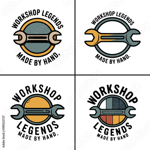Four creative badge designs featuring wrench icons and workshop legends typography for mechanic shops and professional garage service branding projects