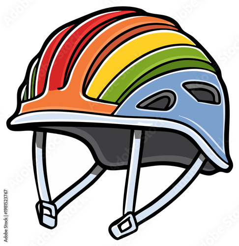 Vibrant rainbow colored cycling helmet with ventilation holes and adjustable straps