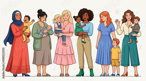 Group of Diverse Mothers Holding Their Babies and Children, Inclusive Parenting Illustration, Multi-Ethnic Women Community, Motherhood and Family Concept Art
