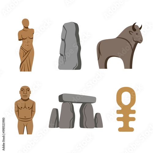 Ancient Artifacts: Venus Statue, Stonehenge, Bison, Moai, Monolith, Symbol