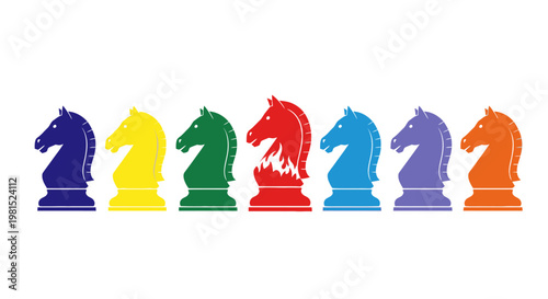 Fotografie Colorful Chess Knights Lineup - Rainbow Colors, Strategy Game Pieces