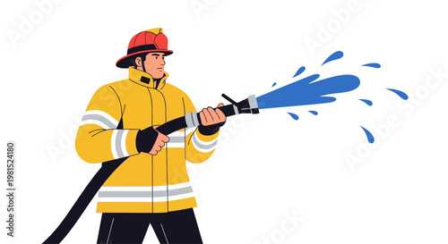 Firefighter in yellow uniform spraying water from hose, fighting fire, emergency service, action