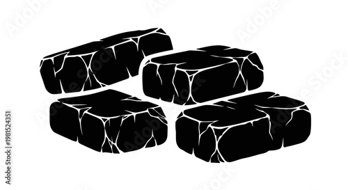 Pile of rough black charcoal chunks, natural fuel for barbecue and fireplace, isolated on white.