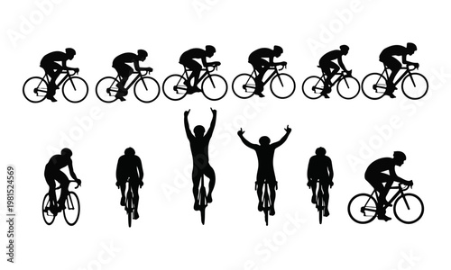 Collection of black cyclist and bicycle rider silhouettes in various racing and sport poses. Vector illustration.