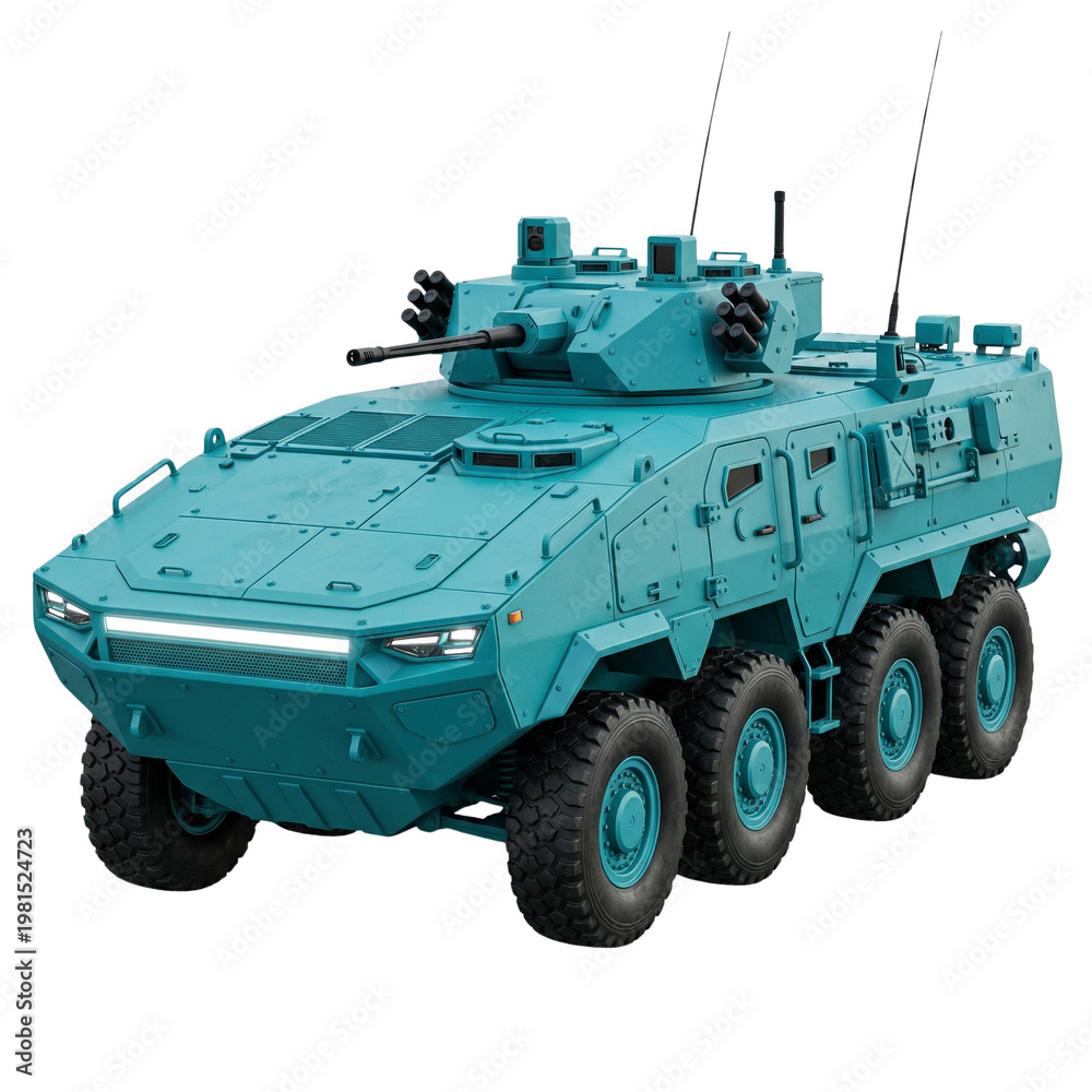 Fototapeta premium Modern Teal Armored Personnel Carrier Vehicle on White Background
