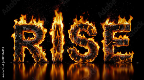 This impactful 3D illustration shows the word rise constructed from charred wood and glowing charcoal burning with intense orange flames on a dark surface. Generative AI.