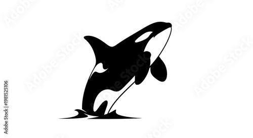 Stylized killer whale jumping out of water in black and white