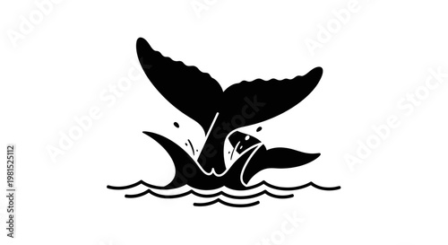 Stylized black whale tail splashing in ocean water