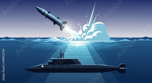 Submarine launching missile from ocean surface at twilight