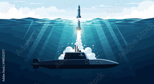 Submarine launching missile from under ocean waves with sunrays