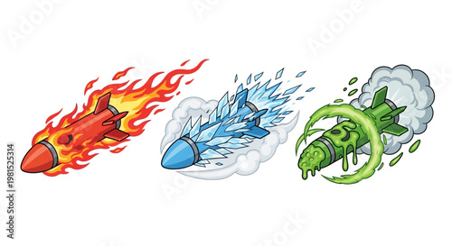 Three cartoon elemental rockets with fire, ice, poison effects