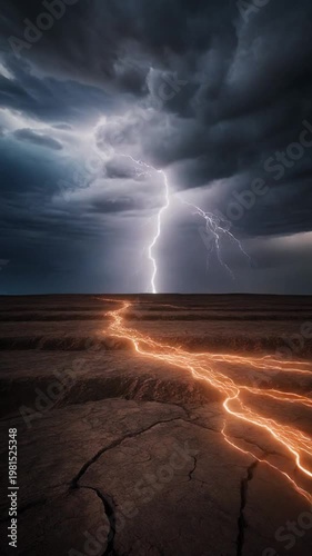 A lightning bolt strikes dry, cracked earth under a stormy sky