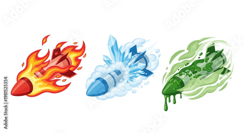 Three elemental rockets with fire, ice, and poison effects