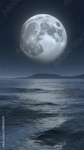 A serene nighttime seascape with a large moon shining over the ocean and a distant island
