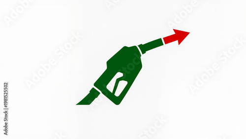 Green fuel pump nozzle with red rising arrow on white background concept