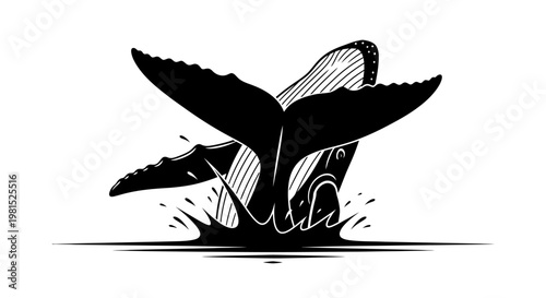 Whale tail diving into water with splash effect illustration