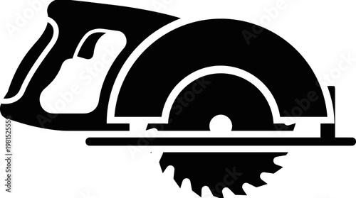 Black silhouette icon of an electric circular saw power tool with sharp blade and ergonomic handle isolated on white, ideal for carpentry logos, industrial graphics and construction signage