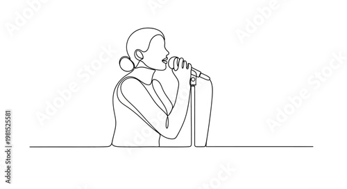 Singer Performing Live on Stage with Microphone, Continuous Line Art