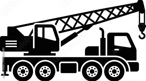 Black silhouette of heavy mobile truck crane with extended telescopic boom and hook isolated on white, ideal for construction site logistics, machinery equipment manuals and project planning