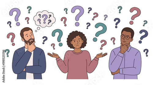 Diverse group of corporate executives and office managers feeling confused among many colorful floating question marks, ideal for business strategy, problem solving and decision making concept