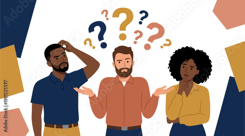 Diverse team of professional office managers and creative analysts looking confused with question marks above heads, ideal for problem solving, corporate training and business communication