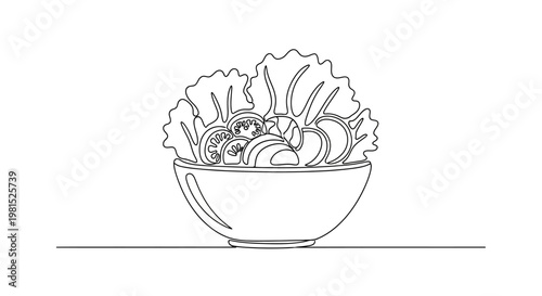 Fresh Salad Bowl Line Art Illustration - Healthy Food Concept