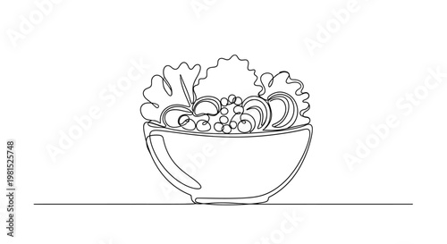 Fresh Salad Bowl Continuous Line Drawing - Healthy Food Concept