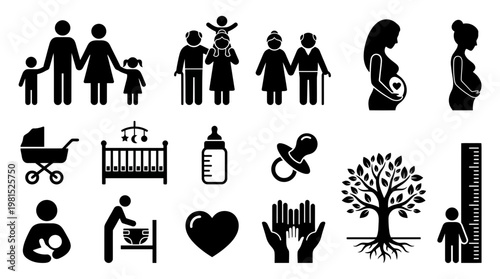 Comprehensive silhouette set of family life stages and baby care elements featuring pregnant women and elderly couples, ideal for insurance agents, pediatricians and human resources managers