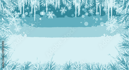 Winter frame with icicles, snowflakes, and frosty pine branches