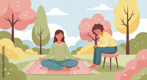 Women meditating and resting in peaceful park setting