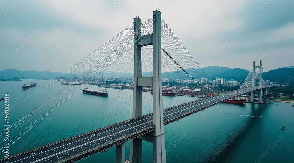 Fototapeta premium Iconic cable stayed bridge spanning a busy harbor under a dramatic sky