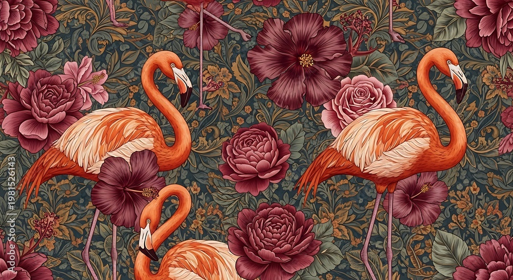 Fototapeta premium Rich, ornate pattern of flamingos amidst vibrant floral arrangements, creating a lavish repeat design