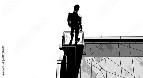 Ambitious man's silhouette on a skyscraper rooftop, gazing over the city, symbolizing strategic vision and future success from a commanding perspective