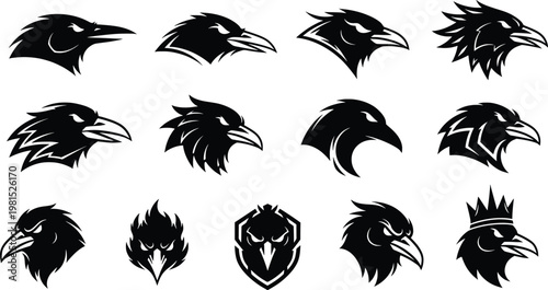 Set of Black Raven and Crow Head Mascot Logos