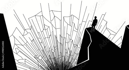 A solitary silhouette stands on the edge of a fractured, geometric landscape, representing a moment of crisis or profound change